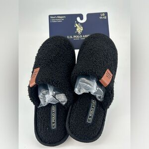 US Polo Association Black Fuzzy Slide Slippers Size 11 12 NEW with Tags